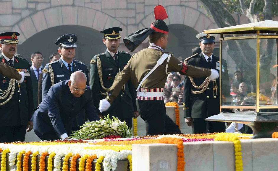 Kovind laid the wreath at Mahatma Gandhi's samadhi at Rajghat. The president remembering Mahatma Gandhi said, “We gratefully remember Mahatma Gandhi and the countless freedom fighters who sacrificed their all for our independence.” Image courtesy: Twitter/@rashtrapatibhvn Kovind laid the wreath at Mahatma Gandhi's samadhi at Rajghat. The president remembering Mahatma Gandhi said, “We gratefully remember Mahatma Gandhi and the countless freedom fighters who sacrificed their all for our independence.” Image courtesy: Twitter/@rashtrapatibhvn