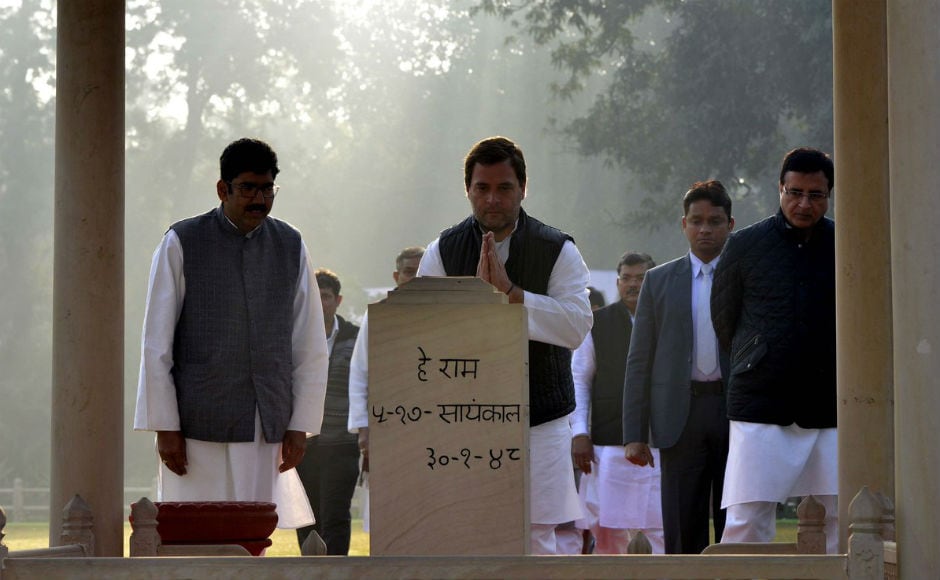 Rahul along with Sonia Gandhi paid tributes to the Father of the Nation at Rajghat. Also among those who paid tributes to the Mahatma Gandhi were Congress leaders Pramod Tiwari and Randeep Surjewala. Image courtesy: Twitter/INCIndia Rahul along with Sonia Gandhi paid tributes to the Father of the Nation at Rajghat. Also among those who paid tributes to the Mahatma Gandhi were Congress leaders Pramod Tiwari and Randeep Surjewala. Image courtesy: Twitter/INCIndia