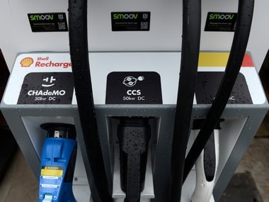 Electric car chargers are seen at the Holloway Road Shell station in London, Britain. Image: Reuters