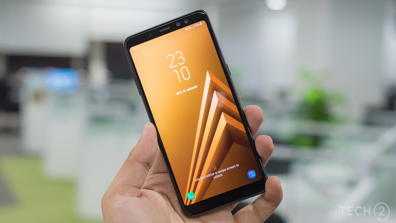 The Samsung Galaxy A8 Plus features a 6-inch Super AMOLED panel. The Galaxy A8 Plus comes with support for two SIM cards and a dedicated microSD card slot. Image: tech2/ Rehan Hooda