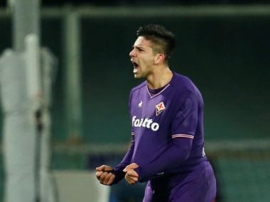 Fiorentina's Giovanni Simeone celebrates scoring team's first goal. Reuters