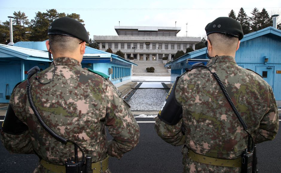 South Korean soldiers stand guard at the truce village of Panmunjom in the demilitarised zone separating the two Koreas, South Korea. Reuters South Korean soldiers stand guard at the truce village of Panmunjom in the demilitarised zone separating the two Koreas, South Korea. Reuters