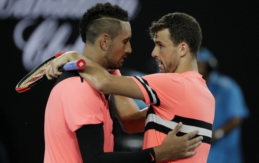Grigor Dimitrov, right, is congratulated by Nick Kyrgios after winning their fourth round match at the Australian Open. AP