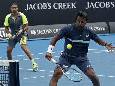 Leander Paes and Purav Raja in action at the Australian Open. AP
