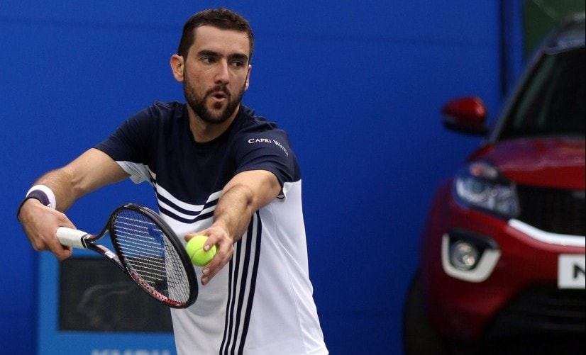 Marin Cilic serves during his quarter-final match against Pierre-Hugues Herbert. Maharashtra Open