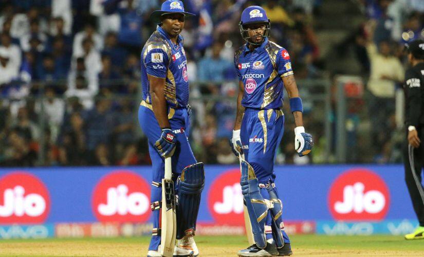 Kieron Pollard of the Mumbai Indians and Hardik Pandya of the Mumbai Indians during match 51 of the Vivo 2017 Indian Premier League between the Mumbai Indians and the Kings XI Punjab held at the Wankhede Stadium in Mumbai, India on the 11th May 2017 Photo by Vipin Pawar - Sportzpics - IPL