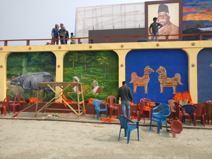 Local subjects appear below the stage from where RSS chief Mohan Bhagwat will deliver his speech on Sunday. Firstpost/Rishiraj Bhagawati