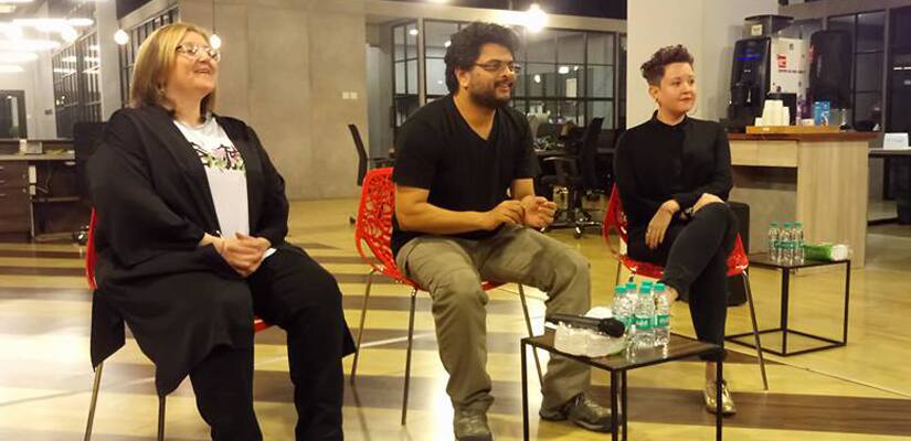 Nicola McCartney, Arghya Lahiri, and Stef Smith at the workshop. Facebook/Rage Productions