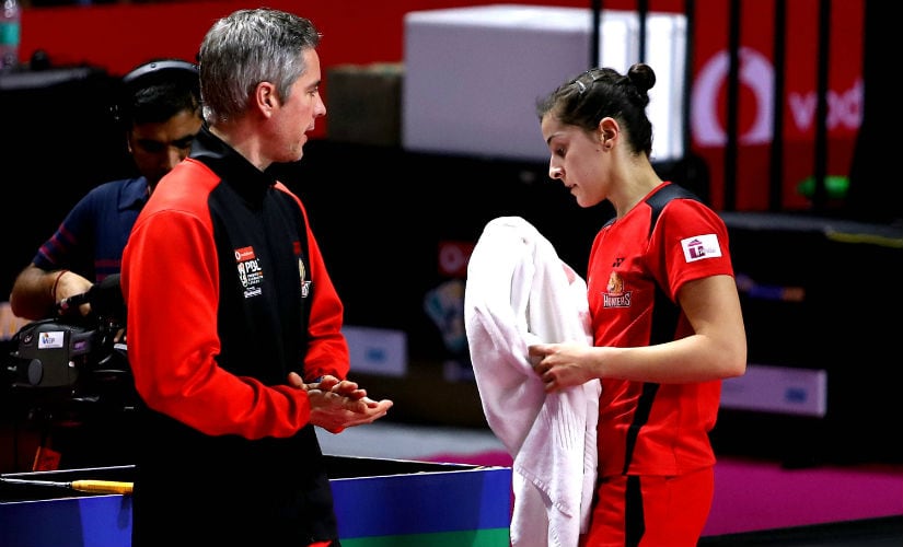 Fernando Rivas and Carolina Marin during Hyderabad Hunters' match against Bengaluru Blasters.