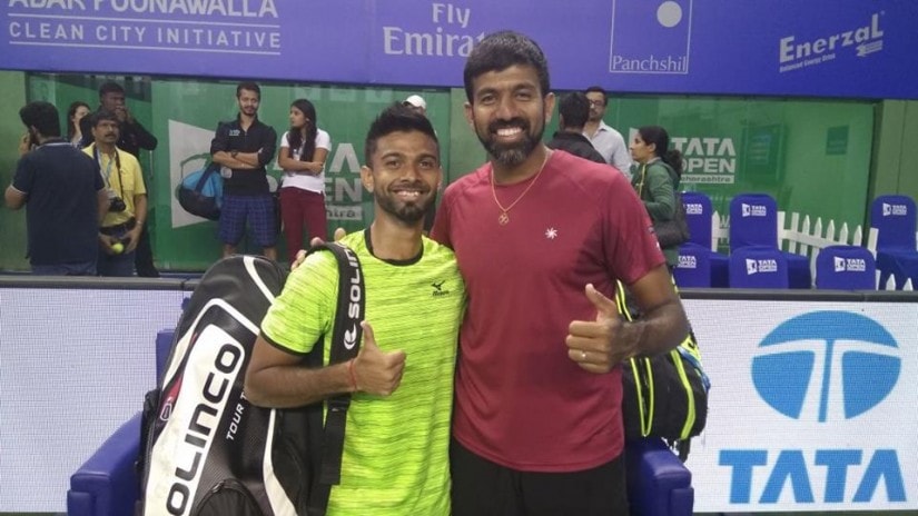 Defending champions Rohan Bopanna and Jeevan Nedunchezhiyan after their win in the first round. Tata Maharashtra Open