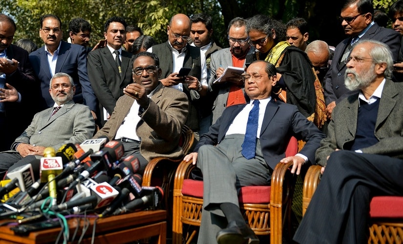 (L-R) Justices Kurian Joseph, Jasti Chelameswar, Ranjan Gogoi and Madan Lokur address the media at a news conference in New Delhi. Reuters