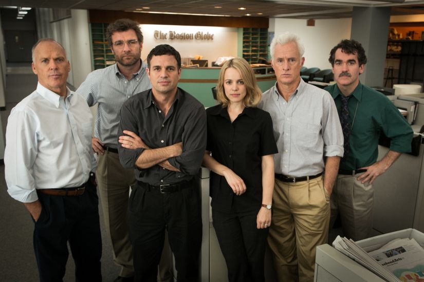 This photo provided by Open Road Films shows, Michael Keaton, from left, as Walter "Robby" Robinson, Liev Schreiber as Marty Baron, Mark Ruffalo as Michael Rezendes, Rachel McAdams, as Sacha Pfeiffer, John Slattery as Ben Bradlee Jr., and Brian d'Arcy James as Matt Carroll, in a scene from the film, "Spotlight." The film is among the 10 nominees for the Producers Guild Awards, which were announced Tuesday, Jan. 5, 2016. (Kerry Hayes/Open Road Films via AP)