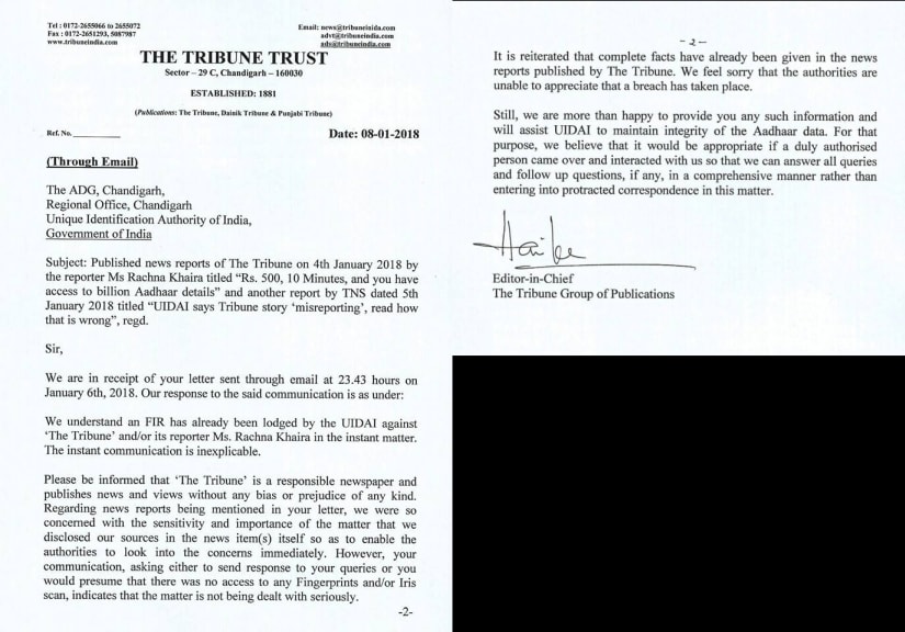 The letter The Tribune sent to UIDAI. Image courtesy: 101Reporters