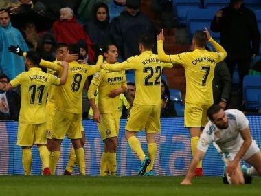 Villarreal's Pablo Fornals celebrates scoring their first goal with teammates. Reuters