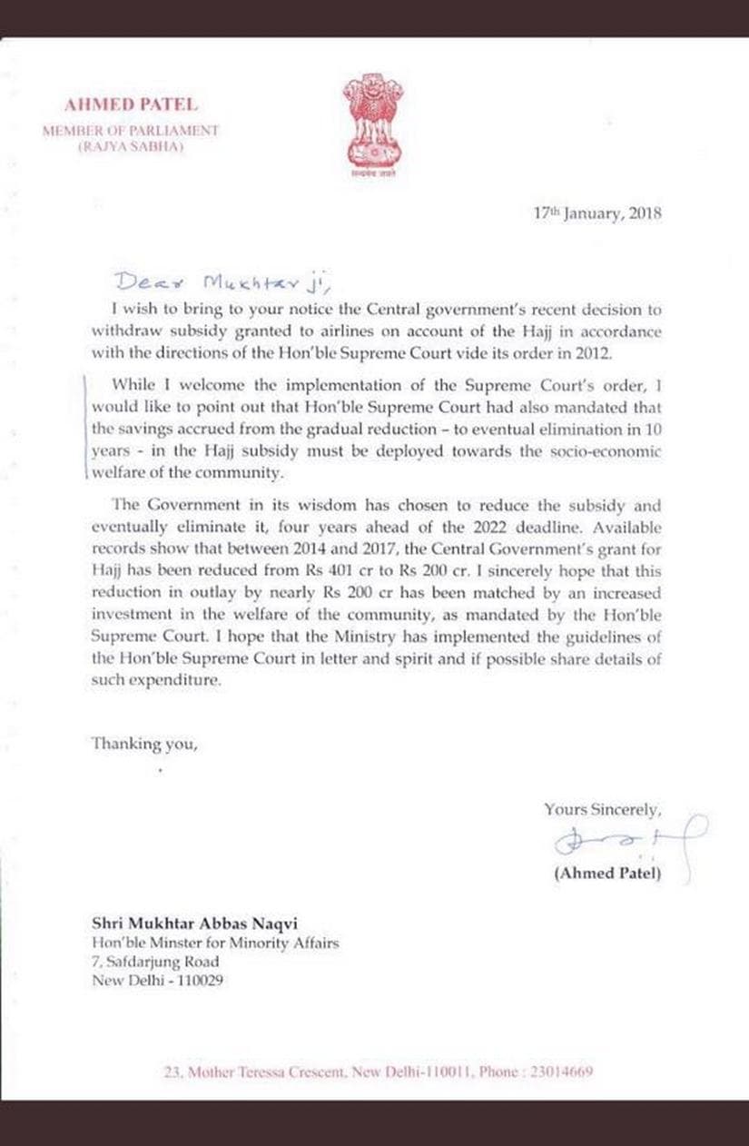 Copy of Ahmed Patel's letter sent to Minority Affairs Minister Mukhtar Abbas Naqvi. Image procured by Debobrat Ghose
