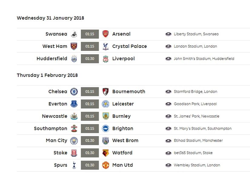 Gameweek 25 fixtures