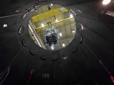 Parker Solar Probe is lowered into the 40-foot-tall thermal vacuum chamber. NASA