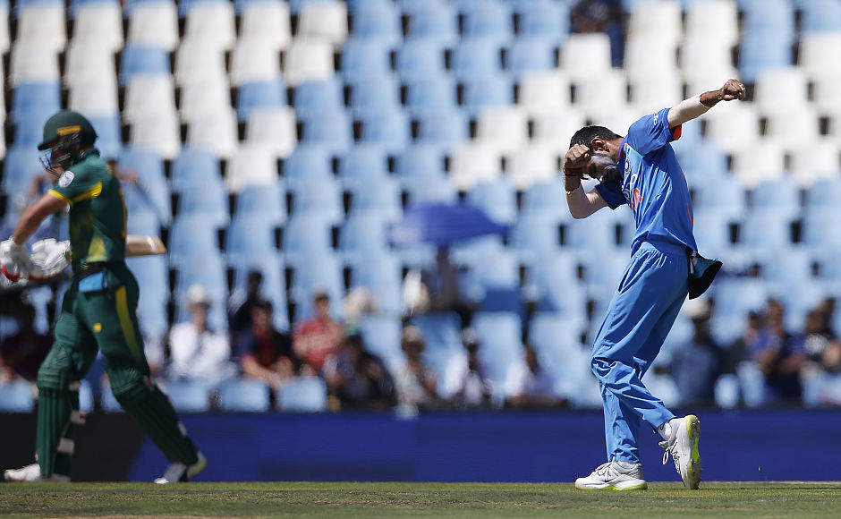 Wrist spinner Yuzvendra Chahal breaks into a dab after cleaning up Ab De Villiers for 30. AFP Wrist spinner Yuzvendra Chahal breaks into a dab after cleaning up Ab De Villiers for 30. AFP