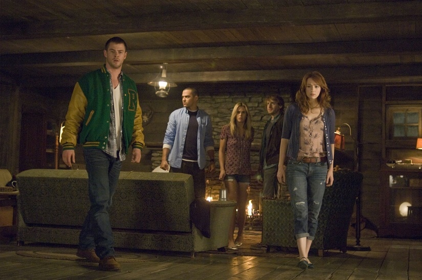 The Cabin in the Woods takes a meta-textual approach to examine horror tropes. In this scene, we find the typical five-victim ensemble: