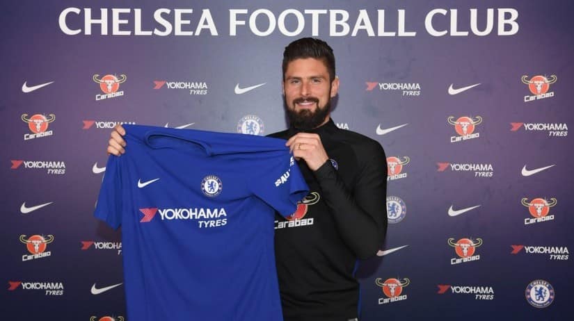 Olivier Giroud, 31, joined Chelsea in an £18m deal on the closing day of the winter transfer window. Image courtesy: Twitter/@Chelsea 