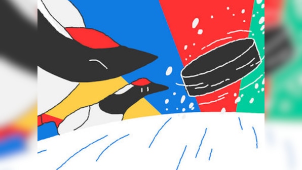 Google Doodle celebrates the team spirit of ice hockey on the 9th day of 2018 Winter Olympics