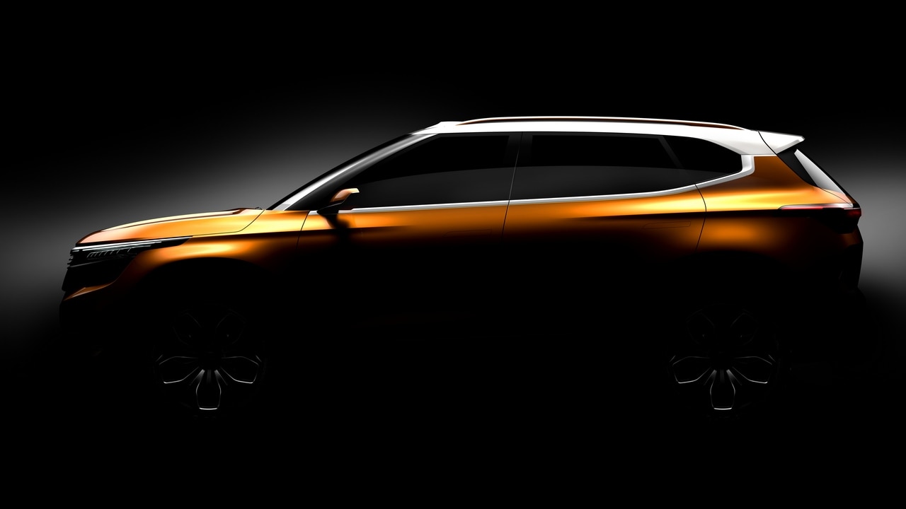 A side view of the Kia SP concept teased ahead of Auto Expo 2018.