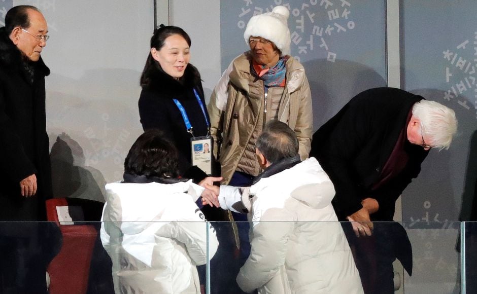 President of South Korea Moon Jae-in, his wife Kim Jung-Sook, Kim Yo-Jong, the sister of North Koreas leader Kim Jong-un and German President Frank-Walter Steinmeier during the opening ceremony. President Moon Jae-in warmly shook hands with North Korean leader Kim Jong Un’s smiling sister as well as the North’s nominal head of state. Reuters President of South Korea Moon Jae-in, his wife Kim Jung-Sook, Kim Yo-Jong, the sister of North Koreas leader Kim Jong-un and German President Frank-Walter Steinmeier during the opening ceremony. President Moon Jae-in warmly shook hands with North Korean leader Kim Jong Un’s smiling sister as well as the North’s nominal head of state. Reuters