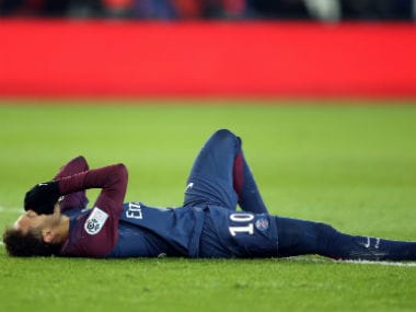 Neymar lying on ground injured. Reuters