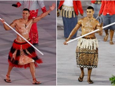 A combination photo shows Pita Taufatofua at Pyeongchang 2018 (L) and during Rio 2016. Reuters