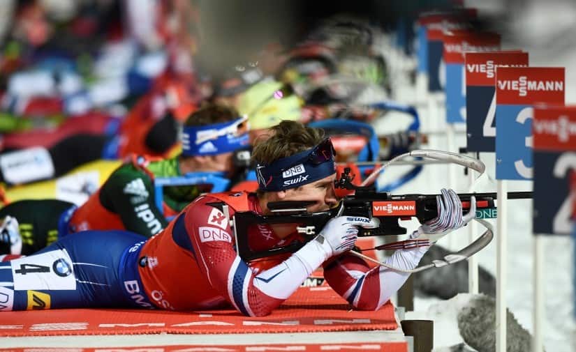 Biathletes shooting in the prone position during the Biathlon World Cup in 2017. Reuters 