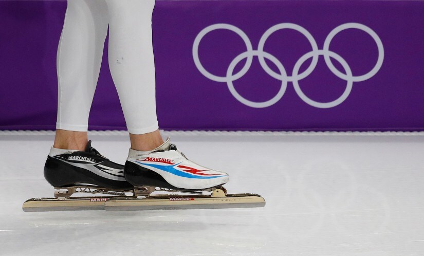 Skates of American speed skater Brian Hansen during training at the Pyeonchang Winter Olympics. Reuters