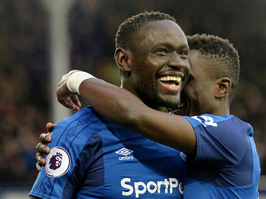 Soccer Football - Premier League - Everton vs Crystal Palace - Goodison Park, Liverpool, Britain - February 10, 2018 Everton's Oumar Niasse celebrates scoring their second goal with Idrissa Gueye REUTERS/Peter Powell EDITORIAL USE ONLY. No use with unauthorized audio, video, data, fixture lists, club/league logos or "live" services. Online in-match use limited to 75 images, no video emulation. No use in betting, games or single club/league/player publications. Please contact your account representative for further details. - RC19C6792A30