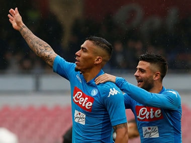 Soccer Football - Serie A - Napoli vs SPAL - Stadio San Paolo, Naples, Italy - February 18, 2018 Napoli's Allan celebrates scoring their first goal with Lorenzo Insigne REUTERS/Ciro De Luca - RC1E3730E8D0