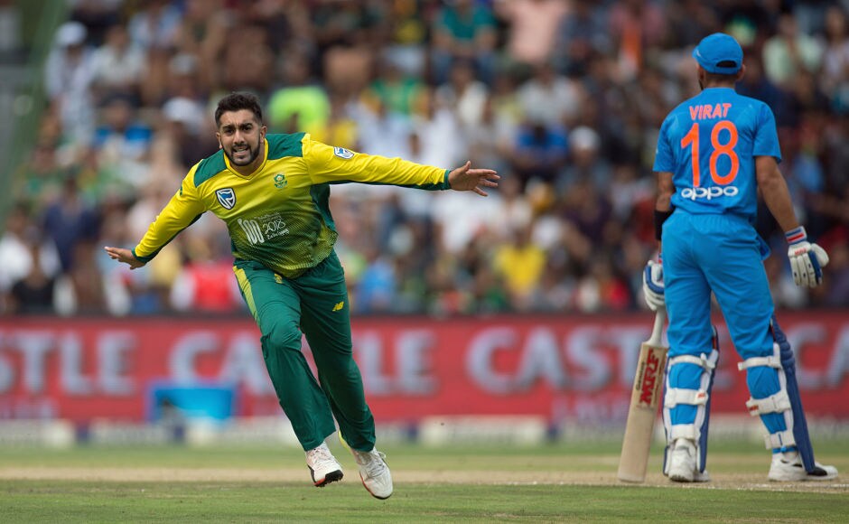 South Africas wrist spinner Tabraiz Shamsi was ecstatic after he trapped, Indian captain Virat Kohli, leg before wicket on 26. Reuters South Africas wrist spinner Tabraiz Shamsi was ecstatic after he trapped, Indian captain Virat Kohli, leg before wicket on 26. Reuters