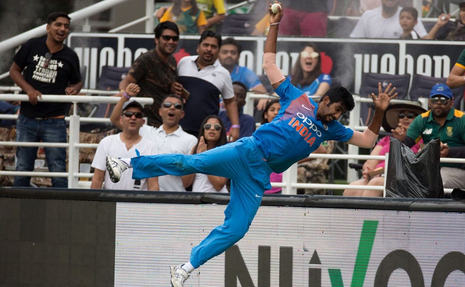 THE FLYING BOOM! Jasprit Bumrah puts in a spectacular effort on the boundary to attempt a catch, but was signalled six by the umpire as the last contact before touching the ball was with the ropes. Reuters THE FLYING BOOM! Jasprit Bumrah puts in a spectacular effort on the boundary to attempt a catch, but was signalled six by the umpire as the last contact before touching the ball was with the ropes. Reuters