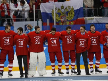 lympic Athletes from Russia celebrate their win over Germany in men's ice hockey final. Reuters