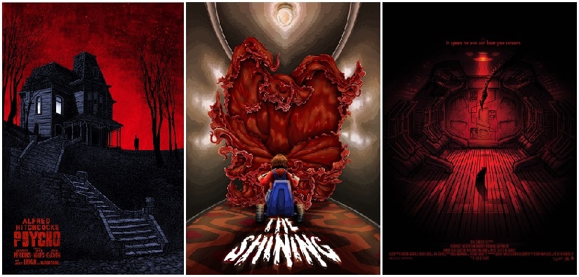 Alfred Hitchcock's Psycho, Stanley Kubrick's The Shining and Ridley Scott's Alien were all snubbed by the Academy. (Poster art by Daniel Danger, James Jean and Paul Ainsworth)