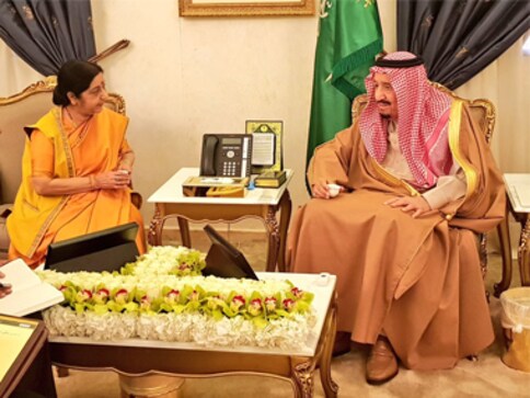 Sushma Swaraj discusses bilateral partnership with Saudi Arabia's King Salman, inaugurates Janadriyah festival in Riyadh Sushma Swaraj discusses bilateral partnership with Saudi Arabia's King Salman, inaugurates Janadriyah festival in Riyadh