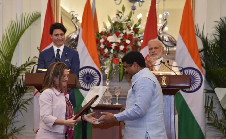 Canada's foreign minister Chrystia Freeland exchanged the terms of reference with Indian petroleum minister Dharmendra Pradhan to establish greater collaboration on mutual energy priorities and enhance bilateral energy relationship amongst the two countries. Twitter@MEAIndia Canada's foreign minister Chrystia Freeland exchanged the terms of reference with Indian petroleum minister Dharmendra Pradhan to establish greater collaboration on mutual energy priorities and enhance bilateral energy relationship amongst the two countries. Twitter@MEAIndia