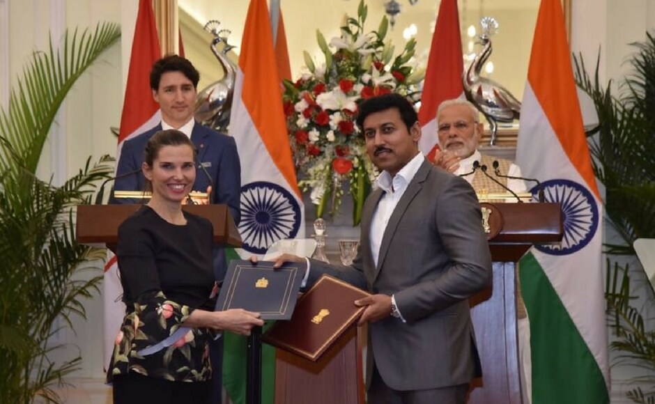 A Memorandum of Understanding (MoU) was also signed on sports by Rajyavardhan Rathore and his Canadian counterpart Kirsty Duncan. Rathore said that sports can play an active role in bringing the two nations together. Twitter@MEAIndia A Memorandum of Understanding (MoU) was also signed on sports by Rajyavardhan Rathore and his Canadian counterpart Kirsty Duncan. Rathore said that sports can play an active role in bringing the two nations together. Twitter@MEAIndia