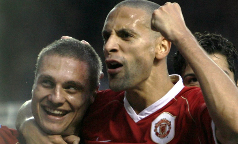 Manchester United's Nemanja Vidic (L) celebrates his goal against Portsmouth with Rio Ferdinand (R) in 2006. Reuters