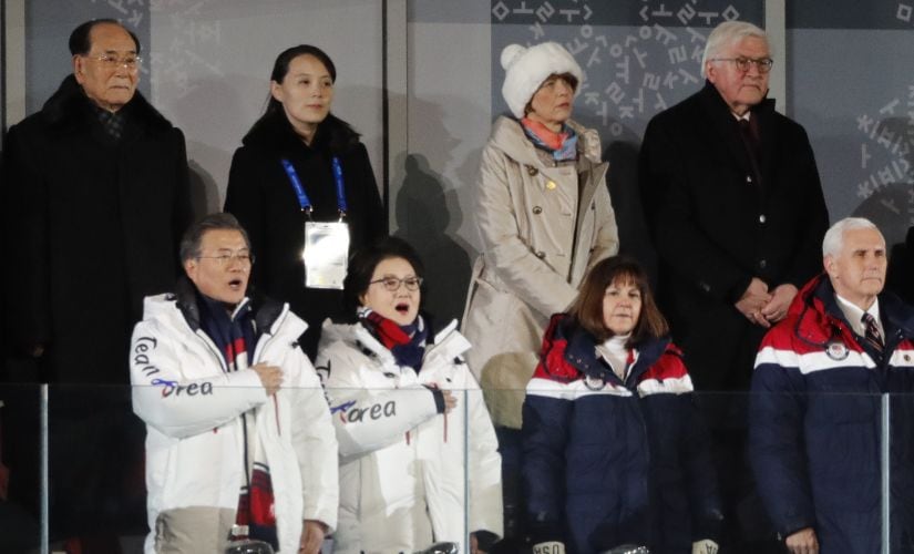 From Left: President of South Korea Moon Jae-in, his wife Kim Jung-Sook, President of the Presidium of the Supreme People’s Assembly of North Korea Kim Young Nam, Kim Yo-Jong, the sister of North Koreas leader Kim Jong-un, German President Frank-Walter Steinmeier and US Vice President Mike Pence during the opening ceremony. Reuters