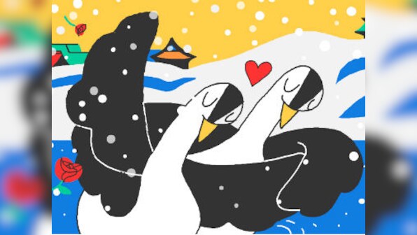 Google Doodles into the sixth day with figure skating grebes to mark Valentine's Day