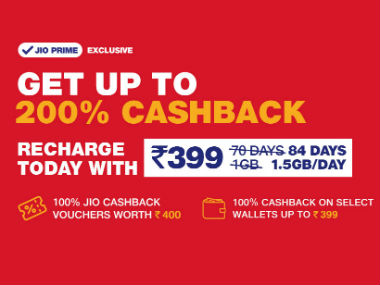 Jio cashback offer can get you up to Rs 799 cashback on a recharge of Rs 398 and above Jio cashback offer can get you up to Rs 799 cashback on a recharge of Rs 398 and above
