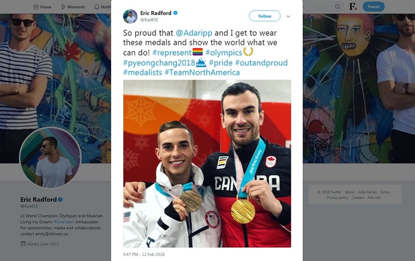 Eric Radford's tweet celebrating his and Adam Rippon's wins at the PyeongChang Winter Olympics 2018. Screenshot via Twitter/@Rad85E