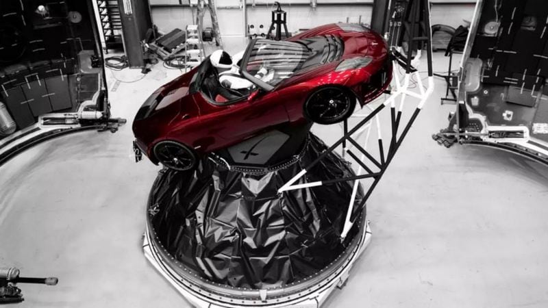 Star Man loaded on the Tesla Roadster.