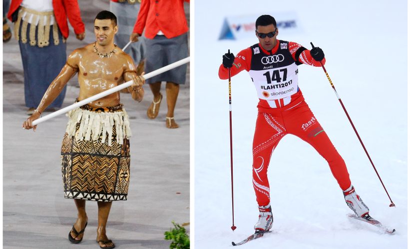 A combination of pictures shows Pita Taufatofua of Tonga during the Opening Ceremony of Rio Olympic Games (left) and competing in the cross country qualifications. REUTERS