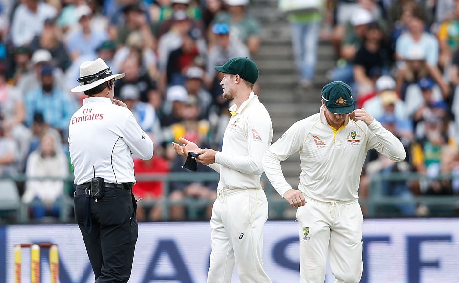 On the third day, cameras caught Bancroft using a tape to tamper with the ball. He was alerted to it by his teammate and he proceeded to shove the tape down his pants, which was also caught on camera. AFP On the third day, cameras caught Bancroft using a tape to tamper with the ball. He was alerted to it by his teammate and he proceeded to shove the tape down his pants, which was also caught on camera. AFP