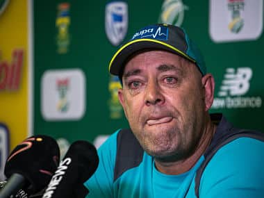Darren Lehmann speaks to the press as he announces he will resign as Australian cricket coach after the coming Test match on March 29, 2018 in Johannesburg. / AFP PHOTO / WIKUS DE WET