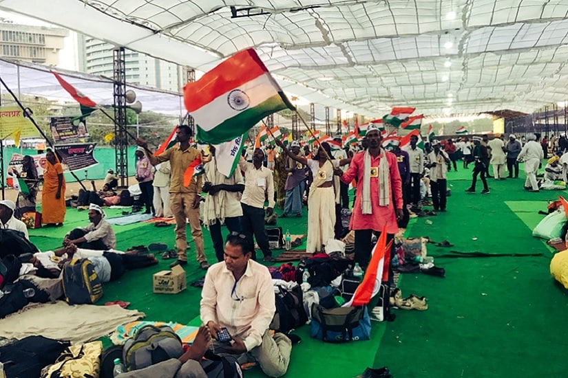 New Delhi’s Ramlila Maidan was sparsely populated with protestors, farmers and others, who came to align their cause with Anna Hazare's. Firstpost/Pallavi R